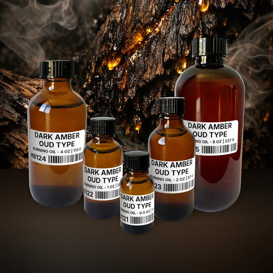 Dark Amber Oud Type Burning Oil - 40 lb | 18.14 kg fragrance bottle image with atmospheric background for Burning Oil. Premium lifestyle product photo for fragrance listing.