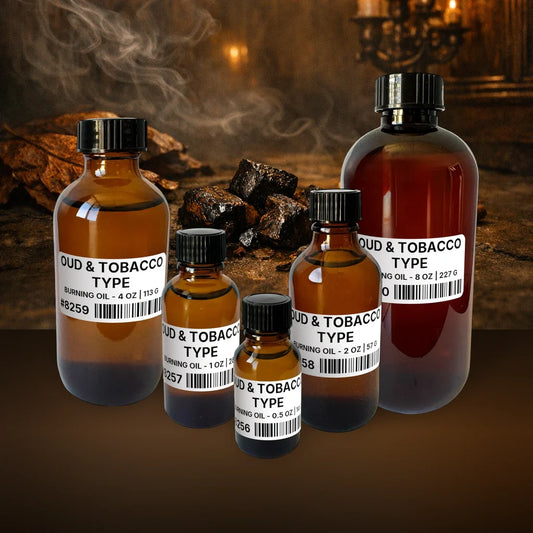 Oud & Tobacco Type Burning Oil - 2 lb | 907 g fragrance bottle image with atmospheric background for Burning Oil. Premium lifestyle product photo for fragrance listing.