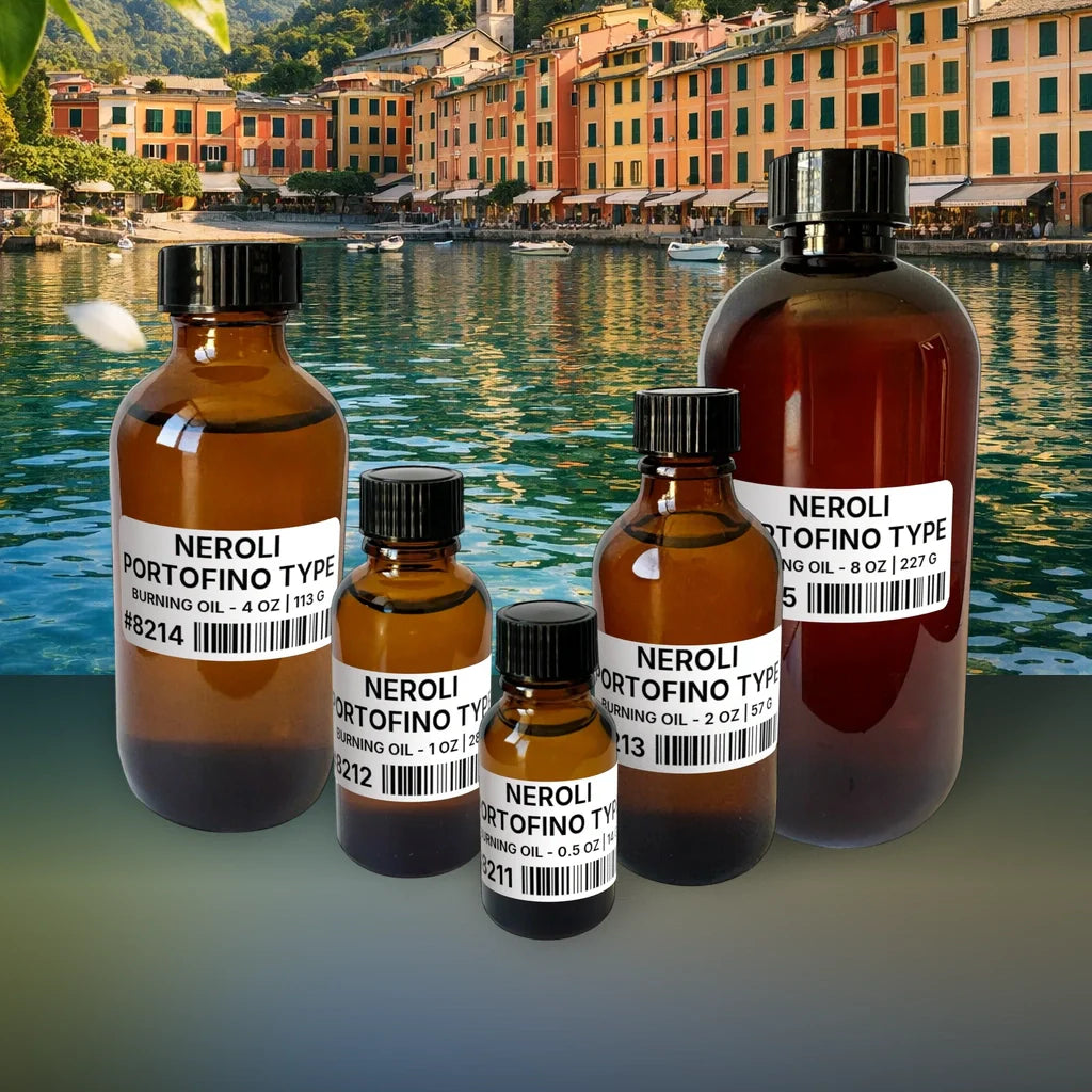 Neroli Portofino Type Burning Oil - 0.5 oz | 14 g fragrance bottle image with atmospheric background for Burning Oil. Premium lifestyle product photo for fragrance listing.
