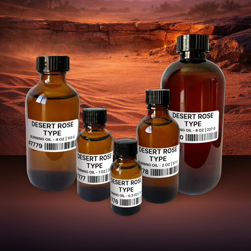 Desert Rose Type Burning Oil - 1 lb | 454 g fragrance bottle image with atmospheric background for Burning Oil. Premium lifestyle product photo for fragrance listing.