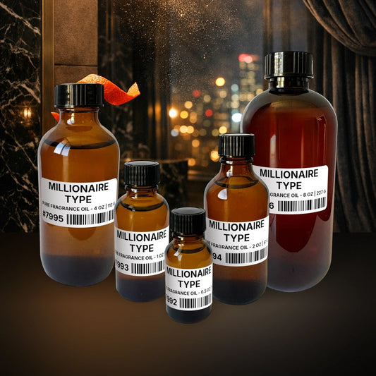 Millionaire Type Pure Fragrance Oil - 1 lb | 454 g fragrance bottle image with atmospheric background for Pure Fragrance Oil. Premium lifestyle product photo for fragrance listing.