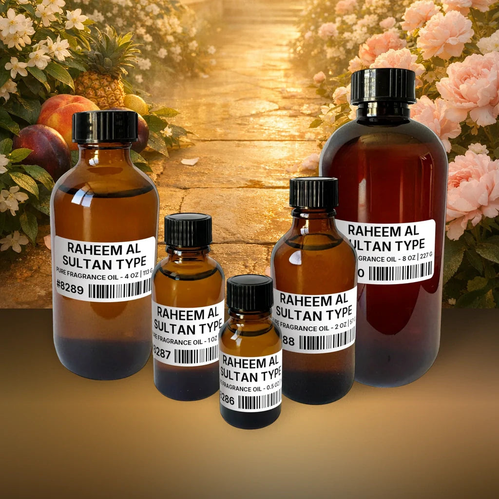 Raheem Al Sultan Type Pure Fragrance Oil - 0.5 oz | 14 g fragrance bottle image with atmospheric background for Pure Fragrance Oil. Premium lifestyle product photo for fragrance listing.
