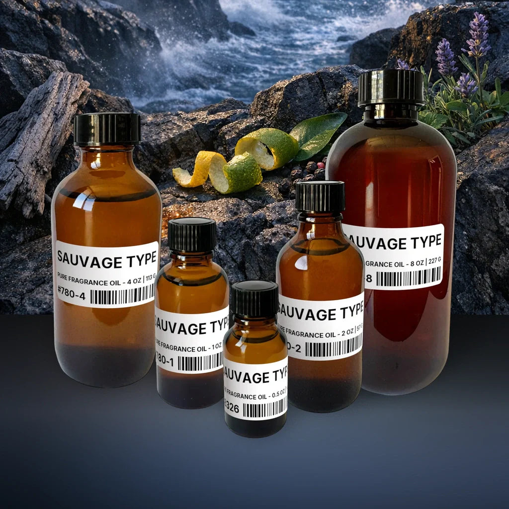 Sauvage Type Pure Fragrance Oil - 0.5 oz | 14 g fragrance bottle image with atmospheric background for Pure Fragrance Oil. Premium lifestyle product photo for fragrance listing.