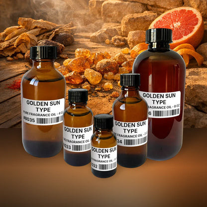 Golden Sun Type Pure Fragrance Oil - 40 lb (18.14 kg) fragrance bottle image with atmospheric background for Pure Fragrance Oil. Premium lifestyle product photo for fragrance listing.