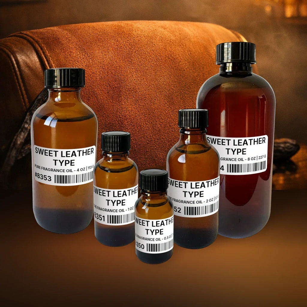 Sweet Leather Type Pure Fragrance Oil - 0.5 oz | 14 g fragrance bottle image with atmospheric background for Pure Fragrance Oil. Premium lifestyle product photo for fragrance listing.