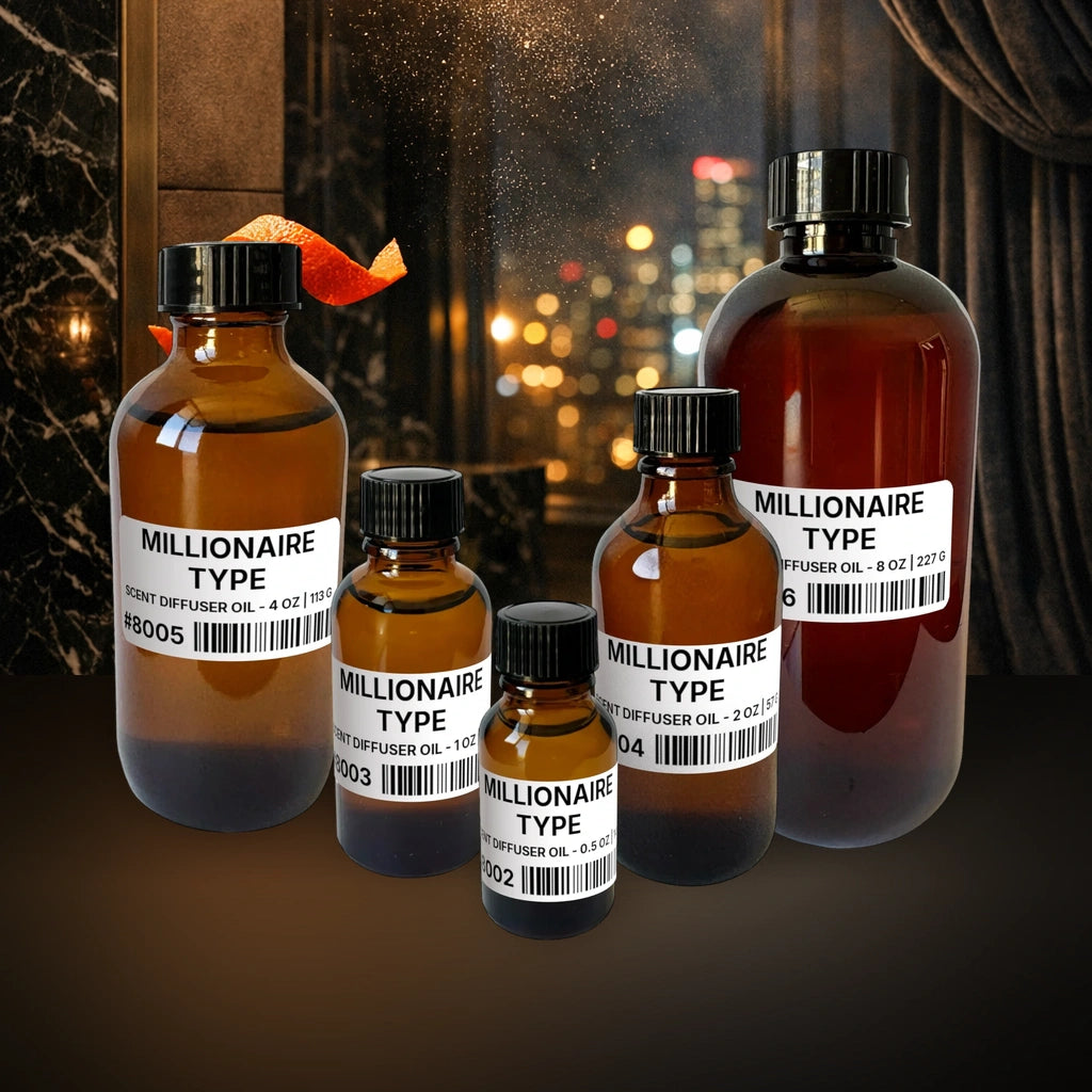 Millionaire Type Scent Diffuser Oil - 1 lb | 454 g fragrance bottle image with atmospheric background for Scent Diffuser Oil. Premium lifestyle product photo for fragrance listing.