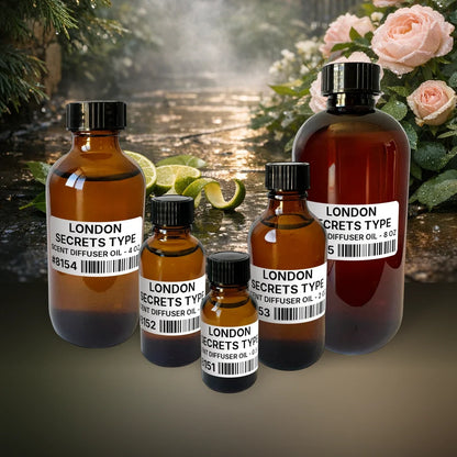 London Secrets Type Scent Diffuser Oil - 0.5 oz (14 g) fragrance bottle image with atmospheric background for Scent Diffuser Oil. Premium lifestyle product photo for fragrance listing.