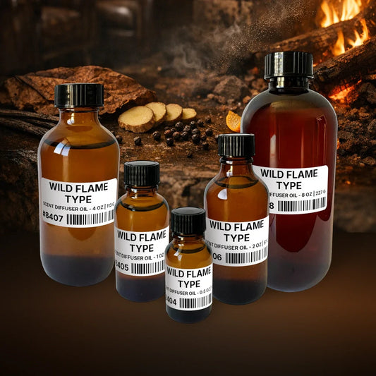 Wild Flame Type Scent Diffuser Oil - 0.5 oz | 14 g fragrance bottle image with atmospheric background for Scent Diffuser Oil. Premium lifestyle product photo for fragrance listing.