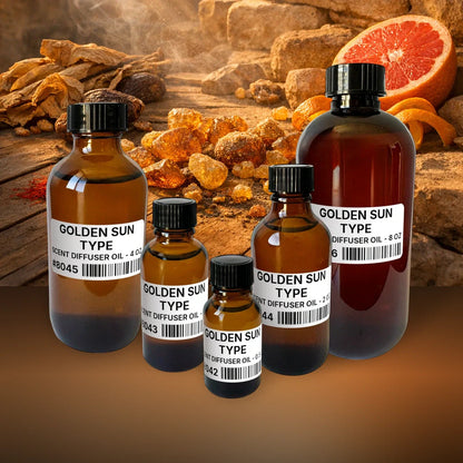 Golden Sun Type Scent Diffuser Oil - 40 lb (18.14 kg) fragrance bottle image with atmospheric background for Scent Diffuser Oil. Premium lifestyle product photo for fragrance listing.