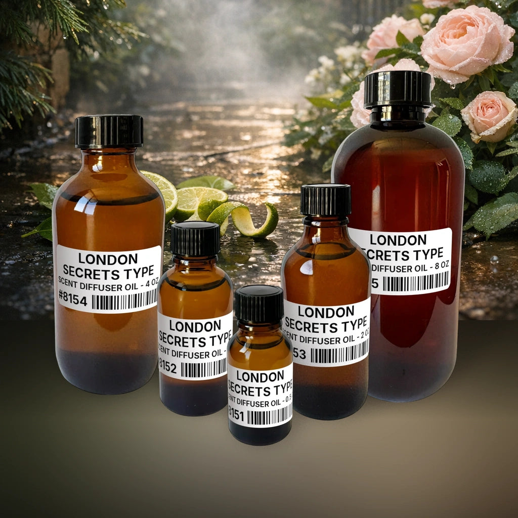 London Secrets Type Scent Diffuser Oil - 1 lb (454 g) fragrance bottle image with atmospheric background for Scent Diffuser Oil. Premium lifestyle product photo for fragrance listing.